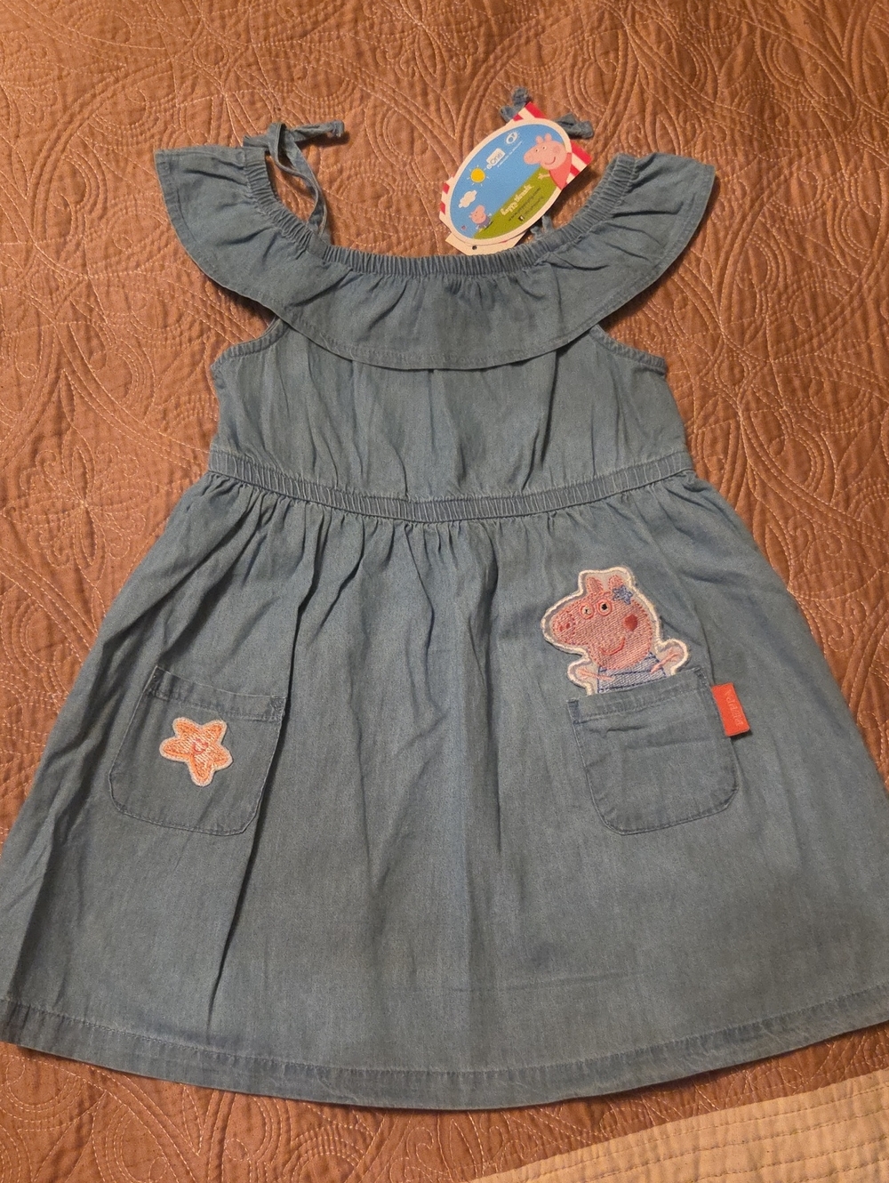 Peppa Pig Light Blue Denim-Effect Ruffle Shoulder Dress